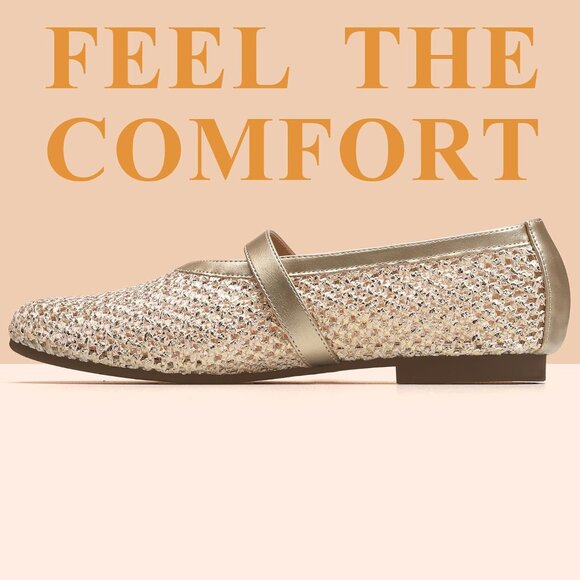 Women's Gold Mesh Ballet Flats Adjustable Strap Mary Jane Casual Office Shoes - Picture 5 of 6
